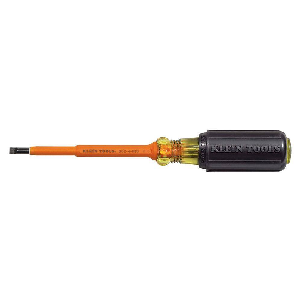 Klein Tools 316 in. Cabinet-Tip Flat Head Insulated Screwdriver with 4 in. Round Shank- Cushion Grip Handle 601-4-INS