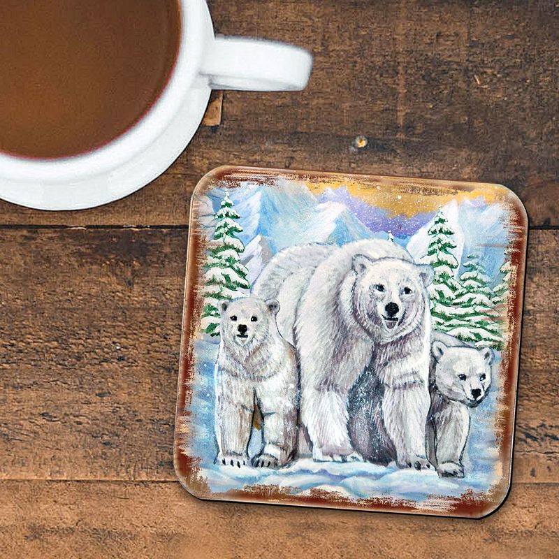 Polar Bear Family Wooden Cork Coasters Gift Set of 4 by Nature Wonders