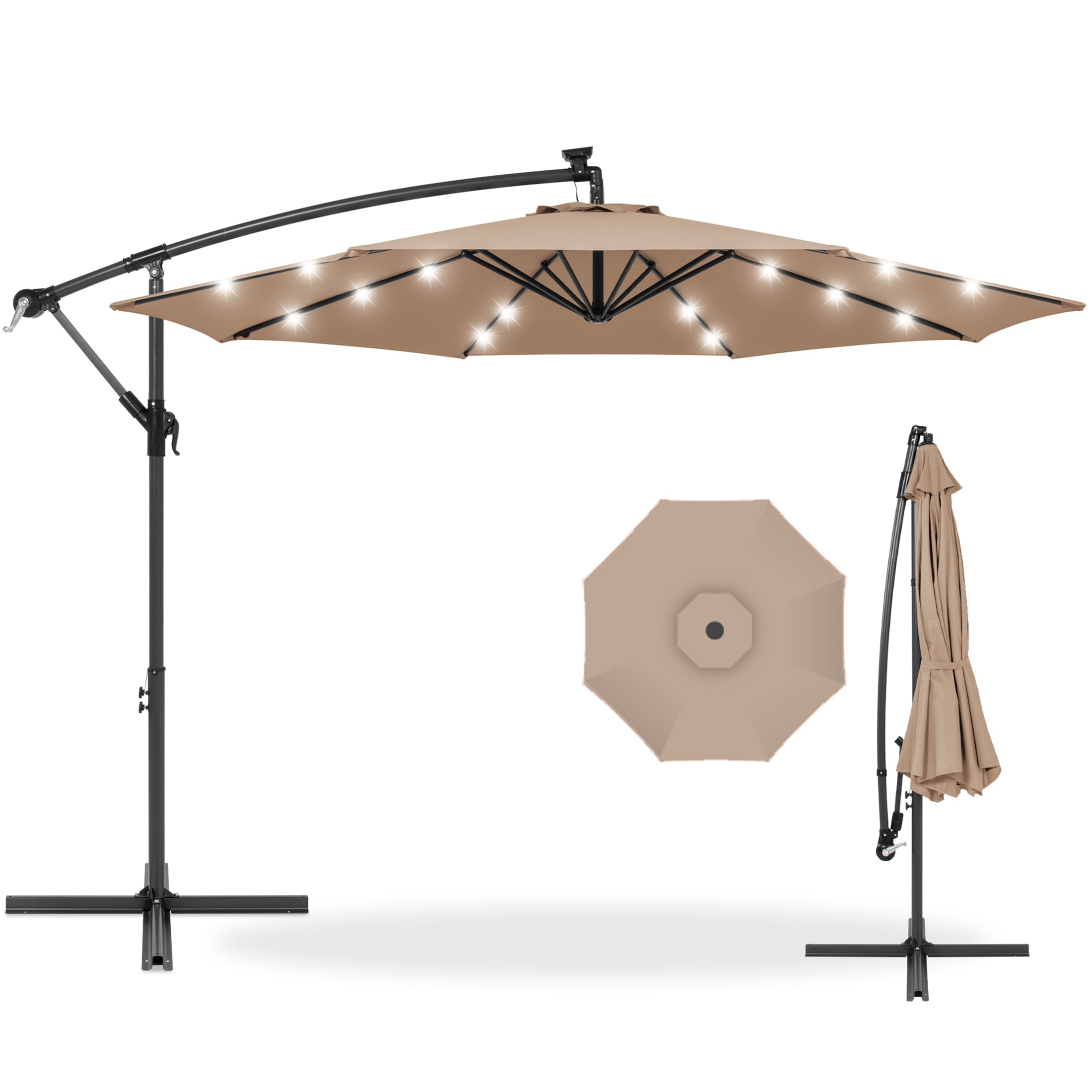 Best Choice Products 10ft Solar LED Offset Hanging Outdoor Market Patio Umbrella w/ Easy Tilt Adjustment - Tan