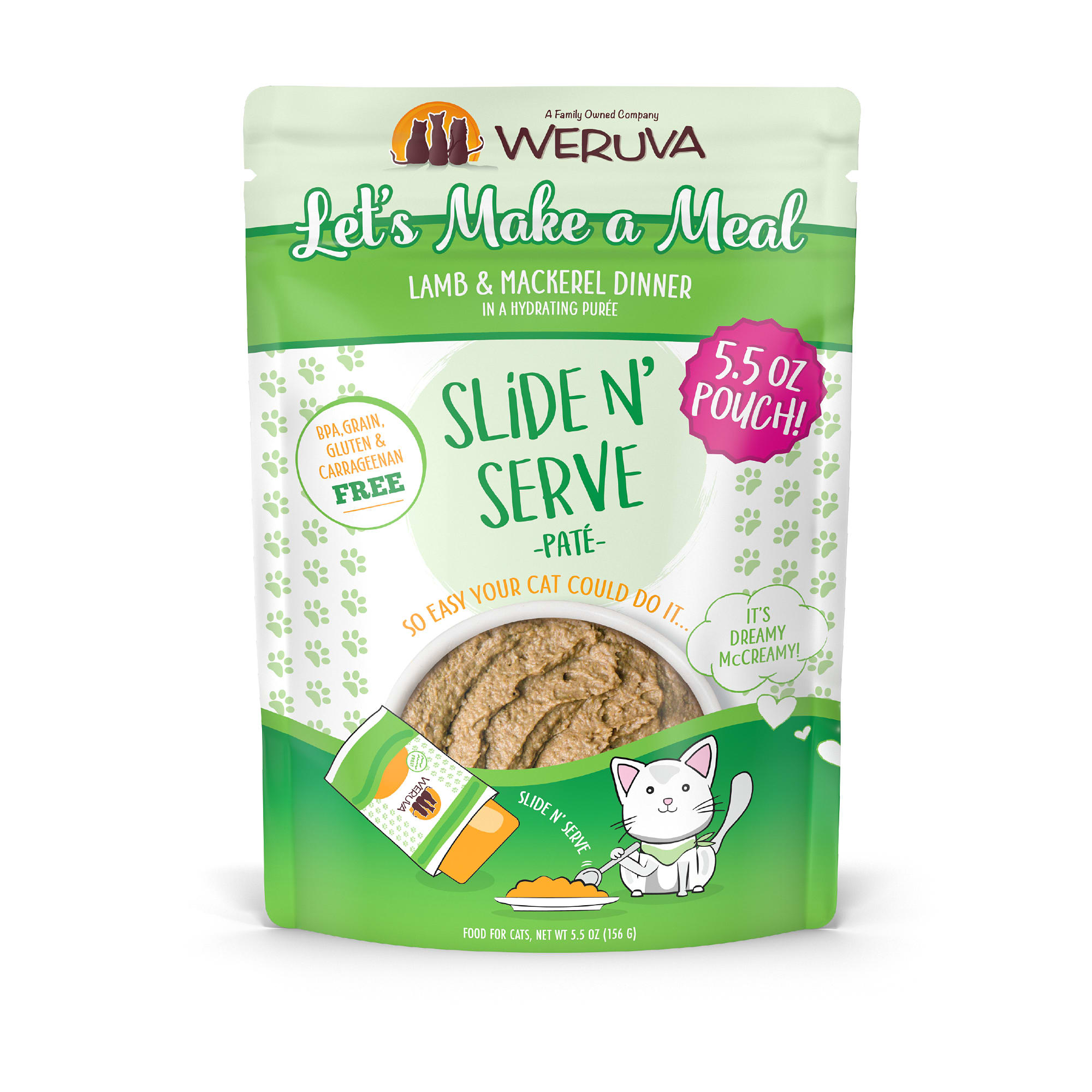 Weruva Pate Lets Make a Meal Lamb  Mackerel Dinner in a Hydrating Puree Wet Cat Food， 5.5 oz.， Case of 12