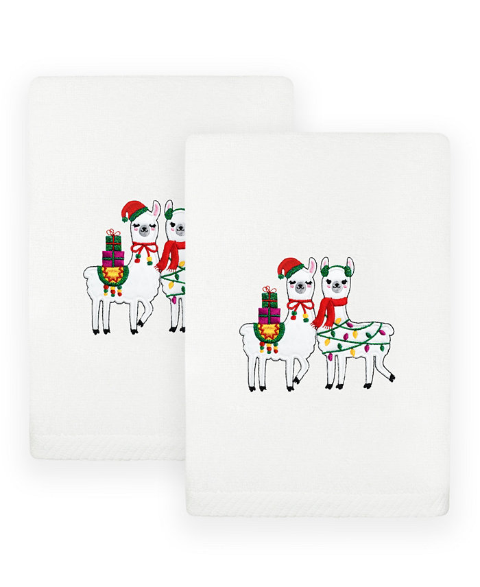 Linum Home Christmas Llamas Embroidered Luxury 100% Turkish Cotton Hand Towels 2 Piece Set