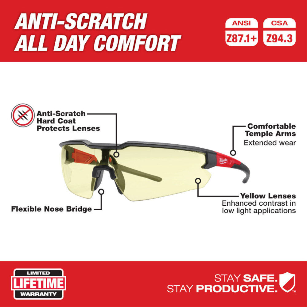 Milwaukee Safety Glasses - Yellow Anti-Scratch Lenses 48-73-2100 from Milwaukee