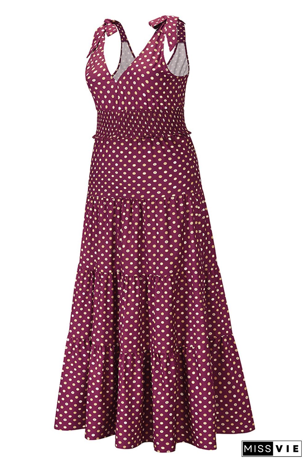 Polka Dot V Neck Sleeveless Long Dress Wholesale