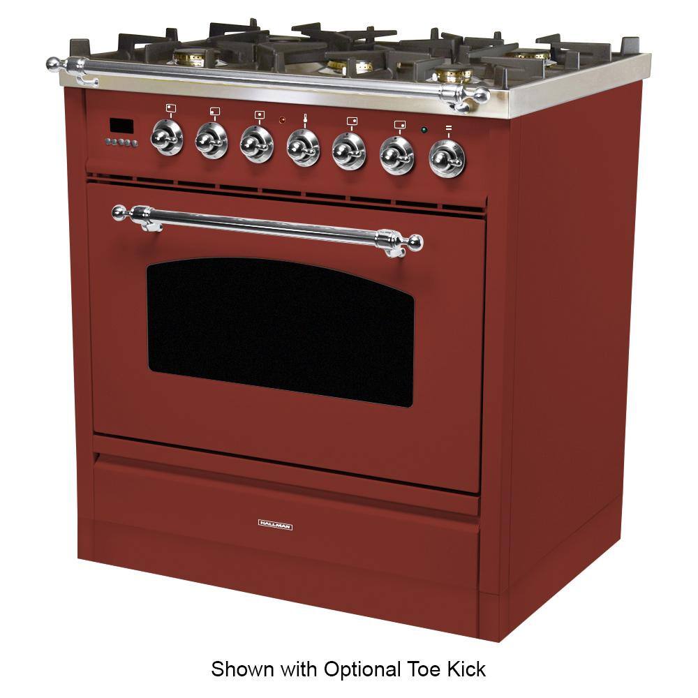 Hallman 30 in. 3.0 cu. ft. Single Oven Dual Fuel Italian Range with True Convection 5 Burners LP Gas Chrome Trim in Burgundy HDFR30CMBGLP