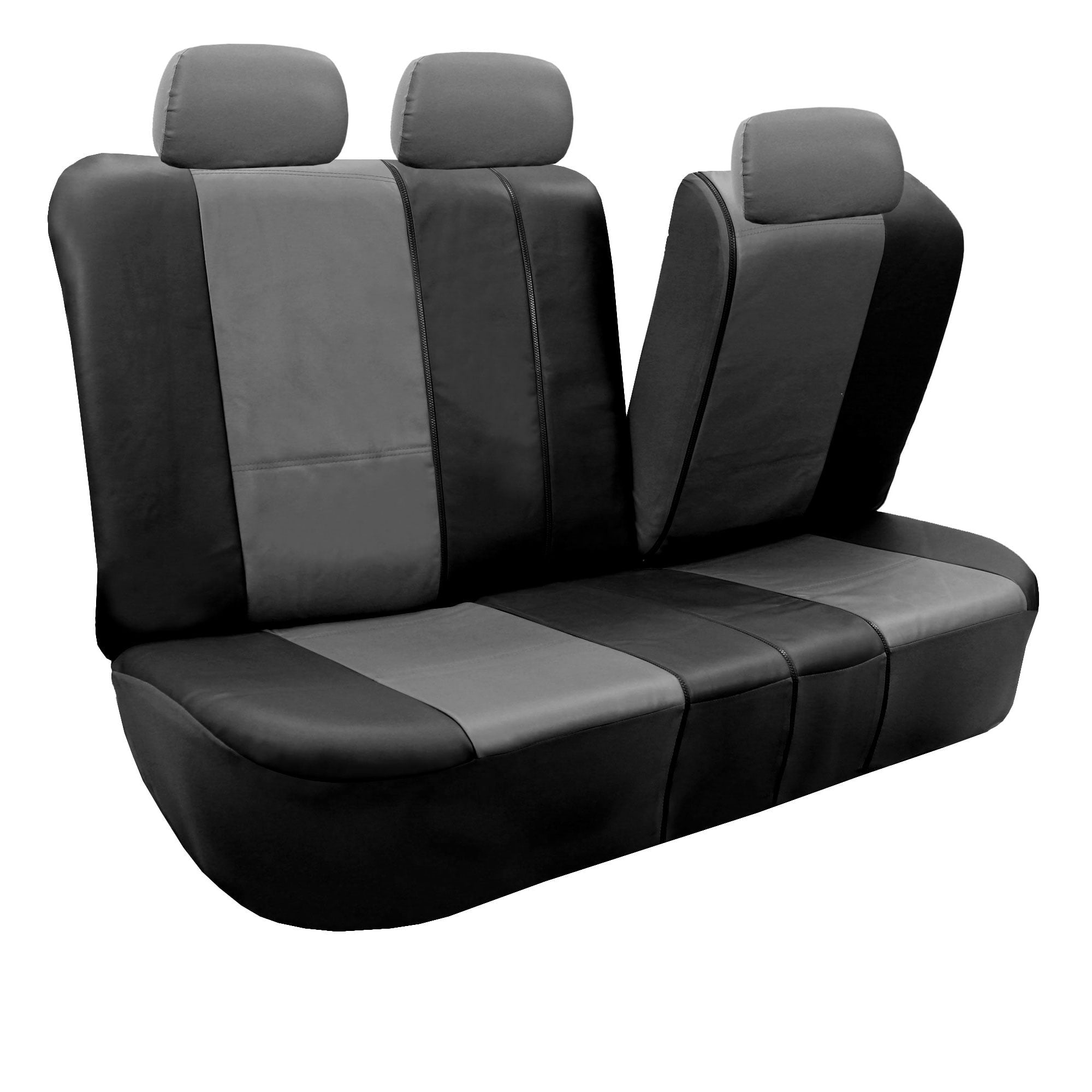 FH Group PU Leather Integrated Seatbelt Seat Covers， Full Set with Black Carpet Floor Mats， Black Gray