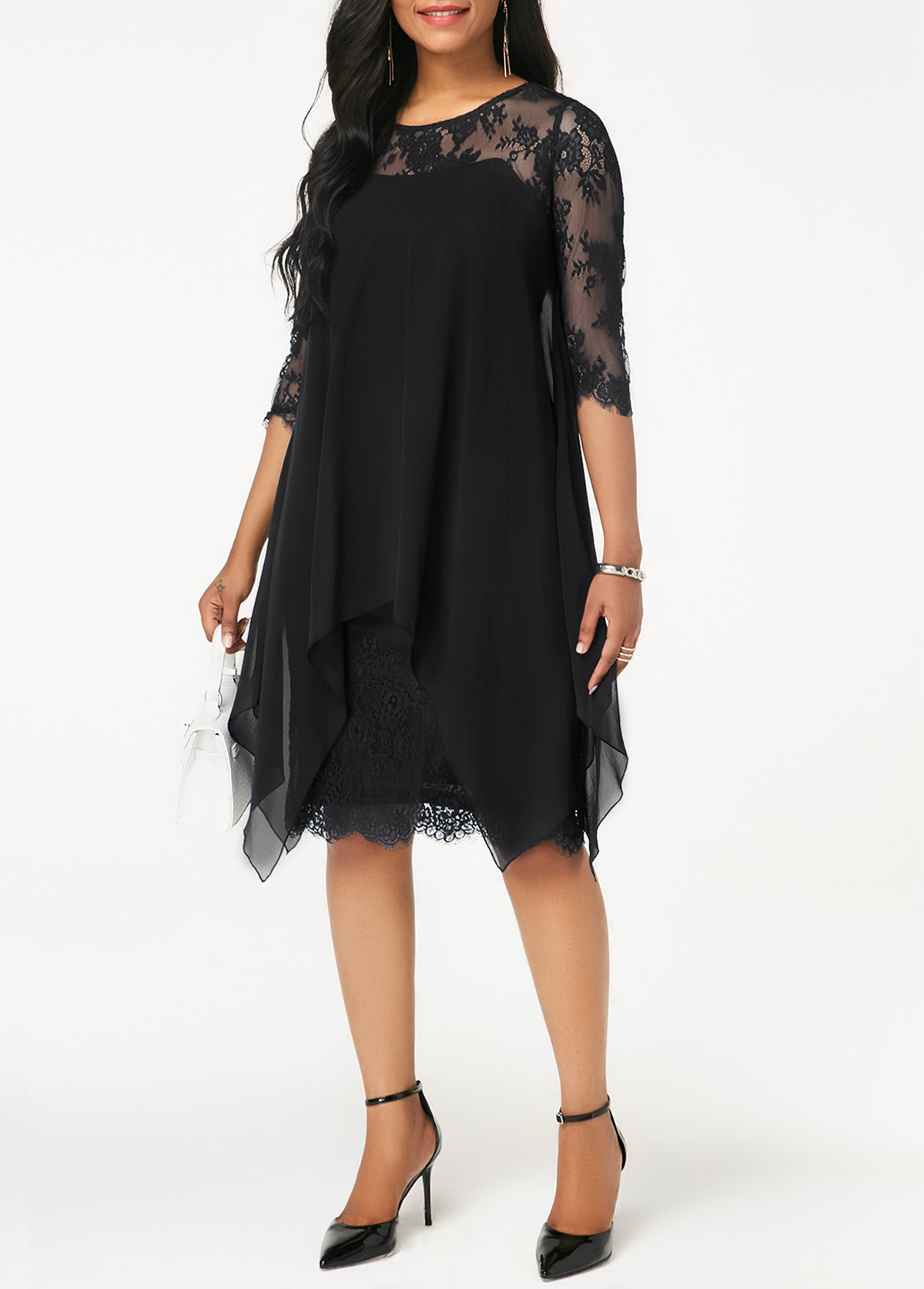 Chiffon Overlay Three Quarter Sleeve Lace Dress