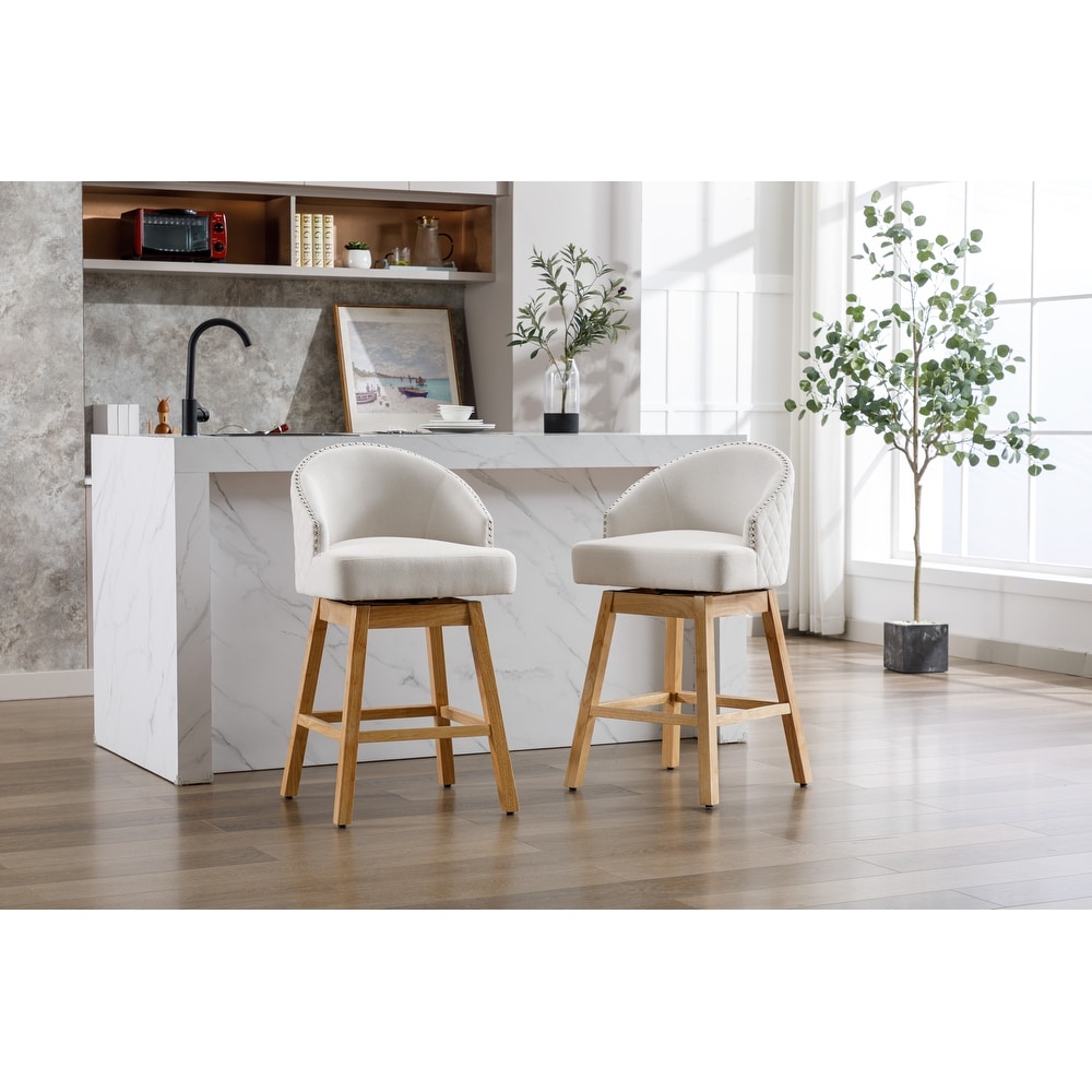 Modern Swivel Bar Stools  Performance Fabric Upholstered Counter Height Bar Stool with Back  Solid Wood Legs  Set of 2