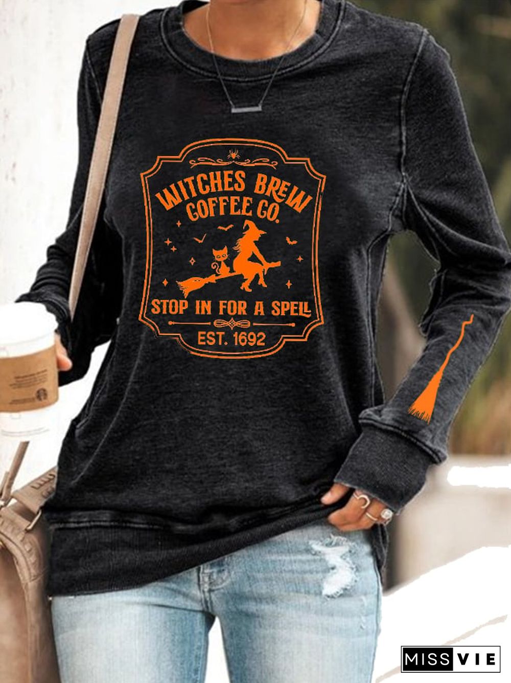 Women's Halloween Funny Coffee Co Witches Brew Printed Sweatshirt