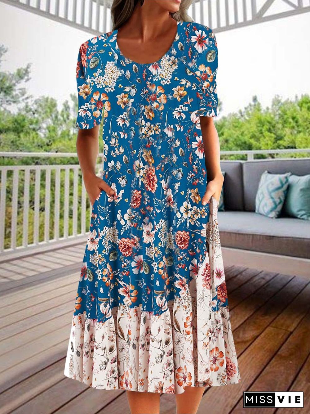 Women Casual Short Sleeve Scoop Neck Floral Printed Colorblock Pockets Midi Dress