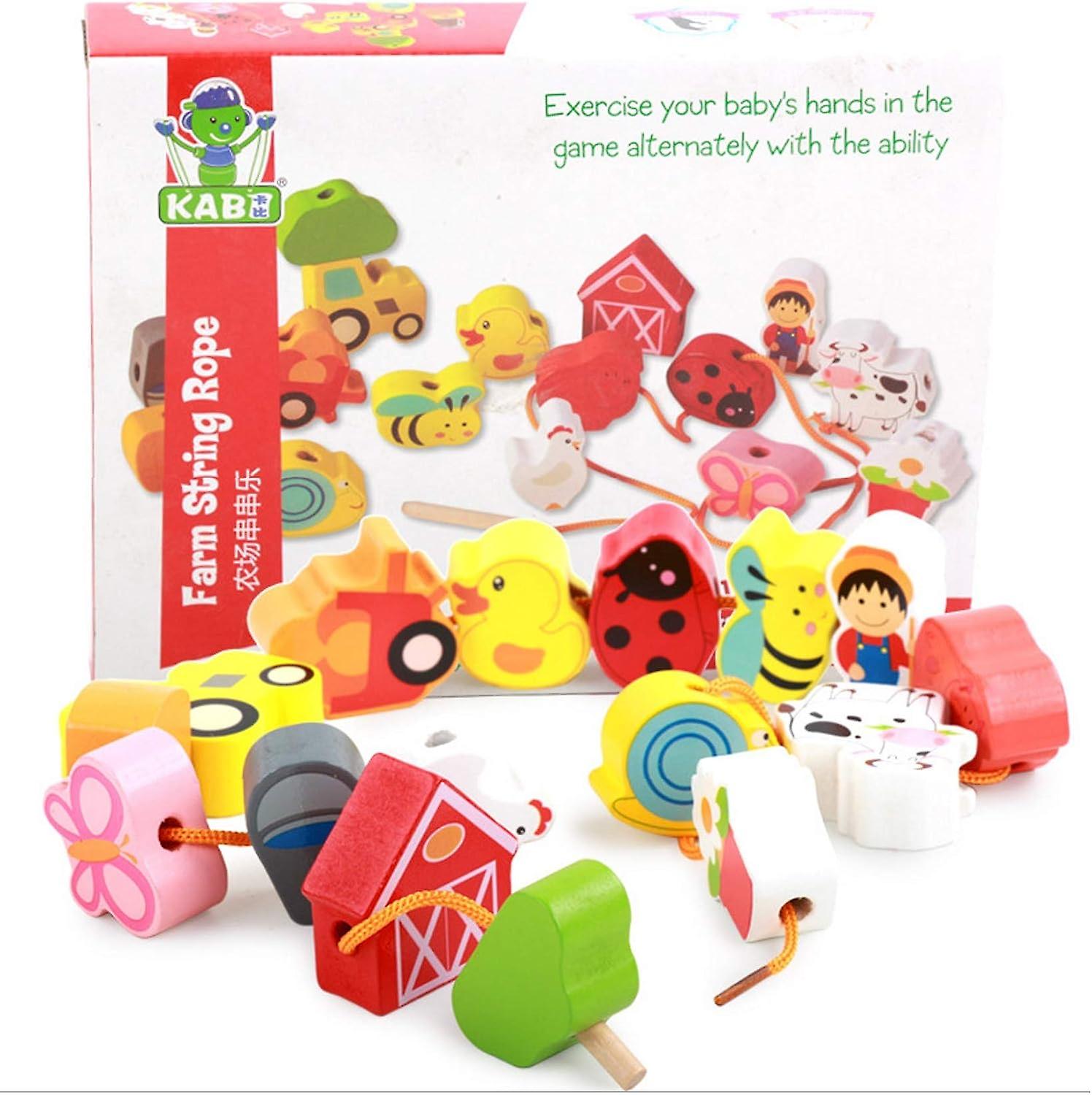 Lacing Farm Toy Wooden Block Set， Early Educational Toys String and Lacing Beads Games For Toddlers Kids Farm Animal Learning Play Set (16 Pieces)