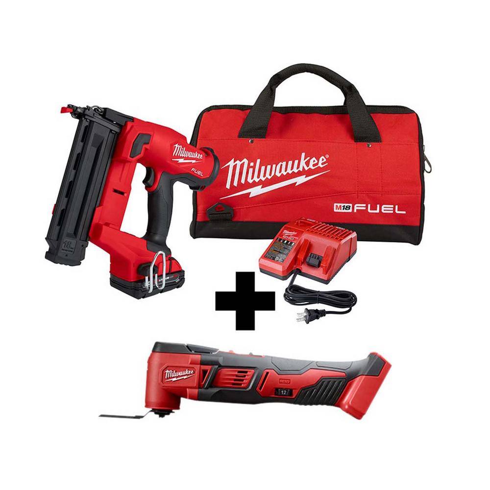 MW M18 FUEL GEN II 18-Volt 18-Gauge Lithium-Ion Brushless Cordless Brad Nailer Kit with M18 Oscillating Multi-Tool 2746-21CT-2626-20