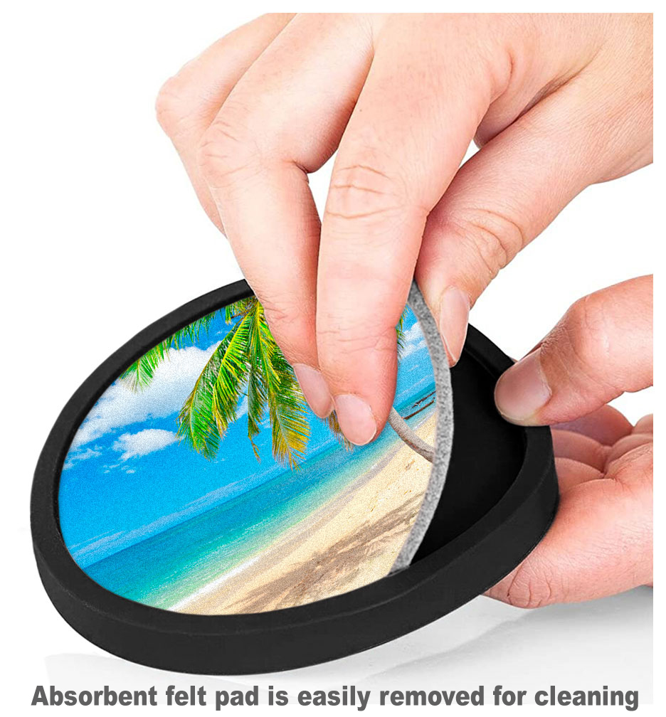 Silicone Non-Slip Drink Coasters with Removable Printed Absorbent Felt Pad - Set of 4 - Palm Tree on the Beach