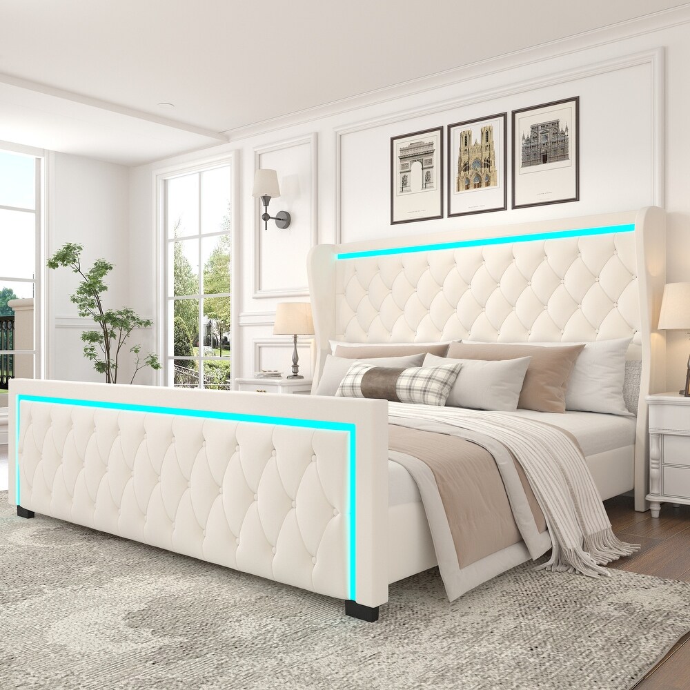 Velvet Wide Wingbacks Platform Bed Frame with Adjustable Colorful LED Light Frame Stitched Button Tufted High Headboard