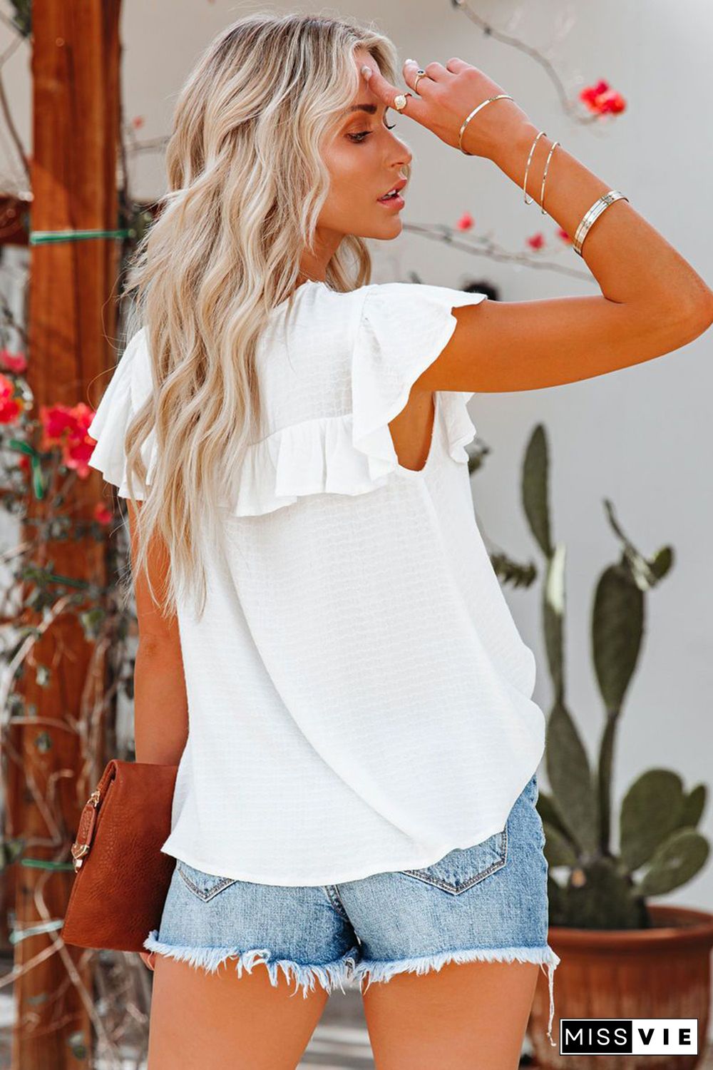 White Lace Splicing Ruffled Short Sleeve T-shirt