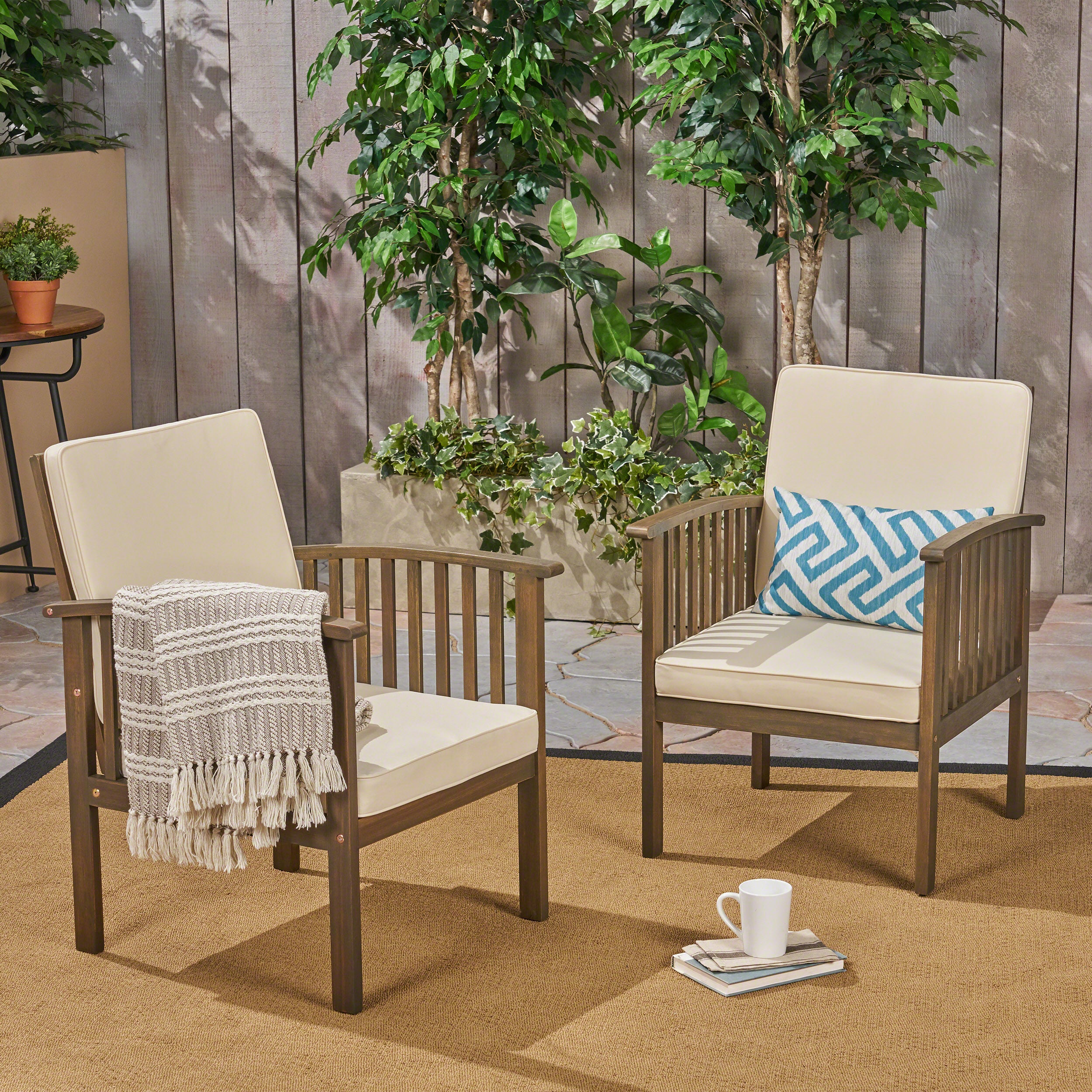 Ray Acacia Outdoor Acacia Wood Club Chairs w/ Cushions