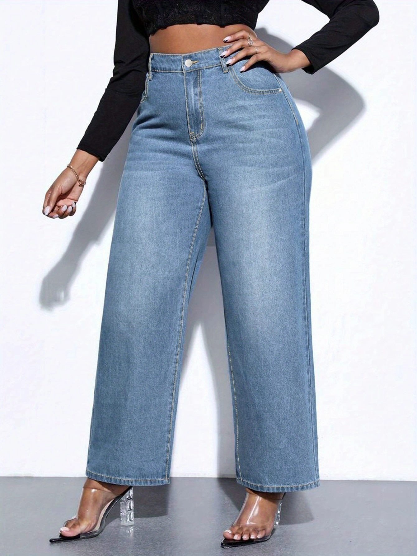 Plus Size Wide Leg Light Blue Jeans - Full Length, Stretchy, Straight, Comfortable, and Flattering Denim Pants for Women