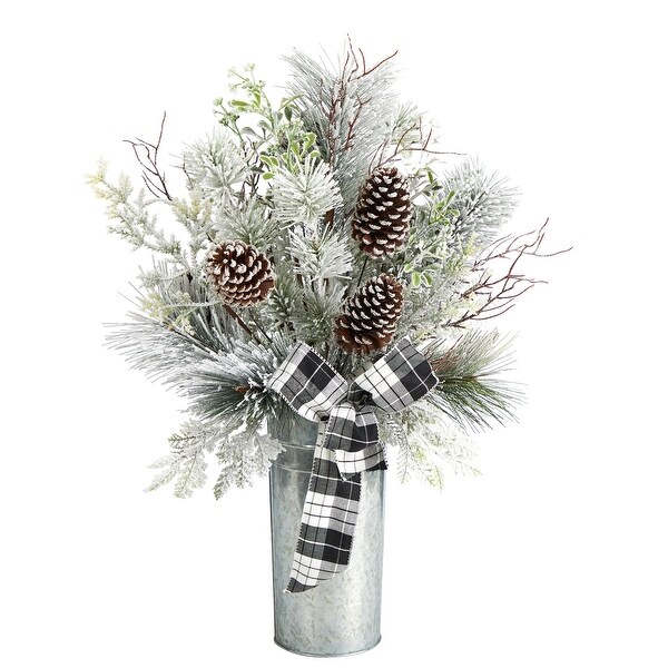 28” Flocked Pinecone with Plaid Bow Artificial Christmas Arrangement in Decorative Vase