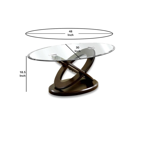 Oval Glass Top Coffee Table with Cross Oval Base， Brown and Clear