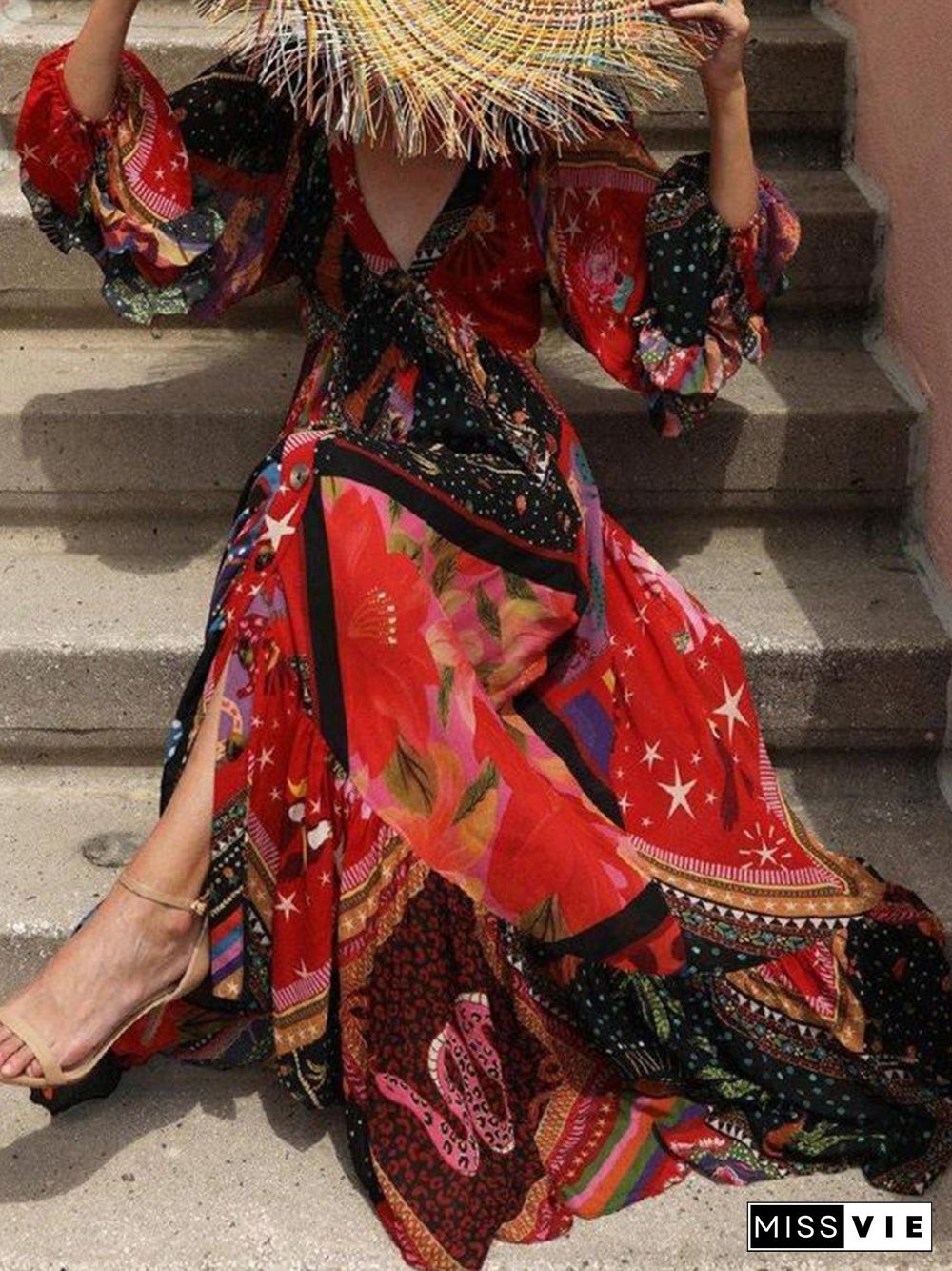 Glamorous Print V-Neck Long Sleeve Maxi Dress P12120