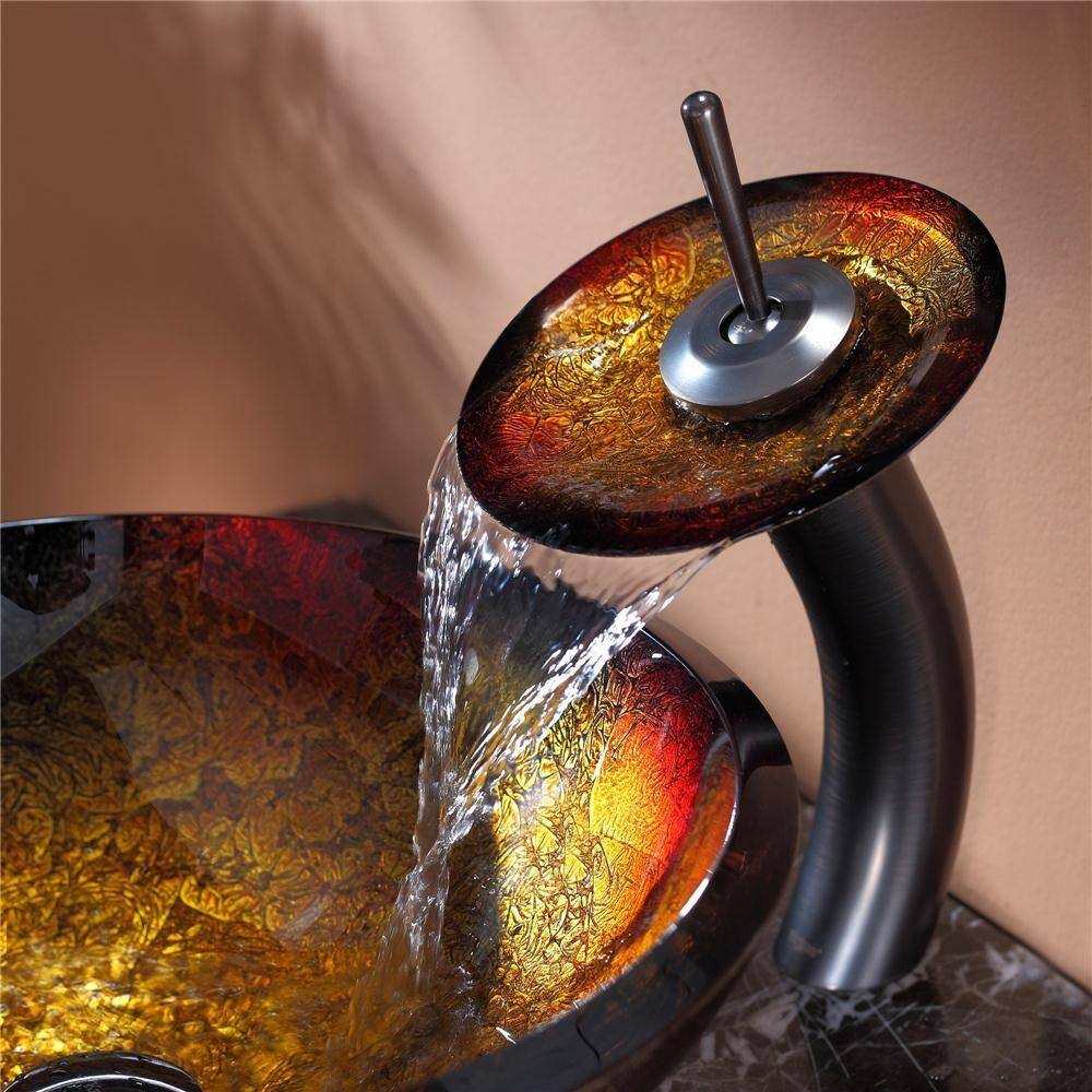 KRAUS Mercury Glass Vessel Sink in RedGold with Waterfall Faucet in Oil Rubbed Bronze C-GV-680-19mm-10ORB