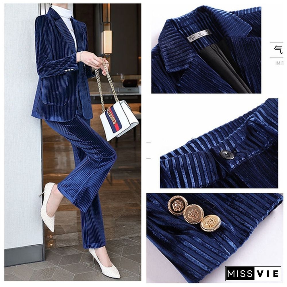 Women Flare Pants Trousers Bell-Bottoms Suit Set Velvet Blazer Jacket Striped Coat Office Outfits Business Formal