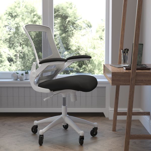 Kelista Mid-Back Black Mesh Swivel Ergonomic Task Office Chair with White Frame， Flip-Up Arms， and Transparent Roller Wheels