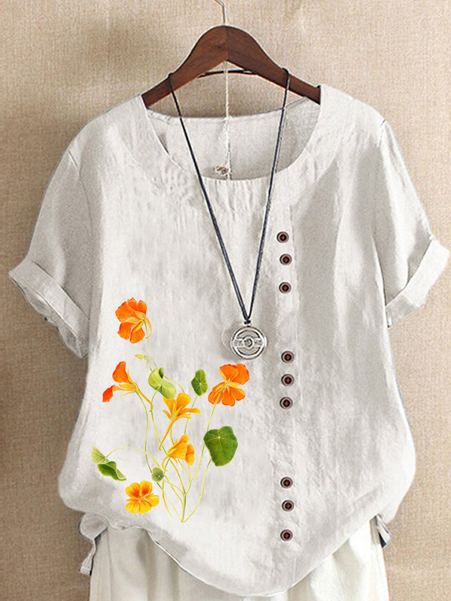 Casual Floral Print Crew Neck Short Sleeve Blouse