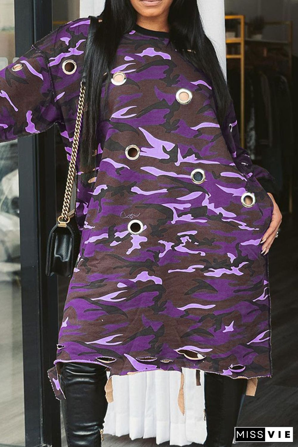 Purple Street Print Camouflage Print Hollowed Out Patchwork O Neck Straight Plus Size Dresses