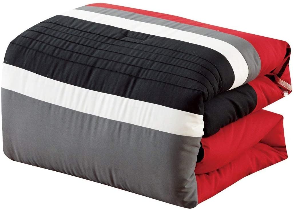 Chezmoi Collection 7-Piece Red/Black/Gray/White Modern Stripe Zigzag Embroidery Comforter Set， Queen