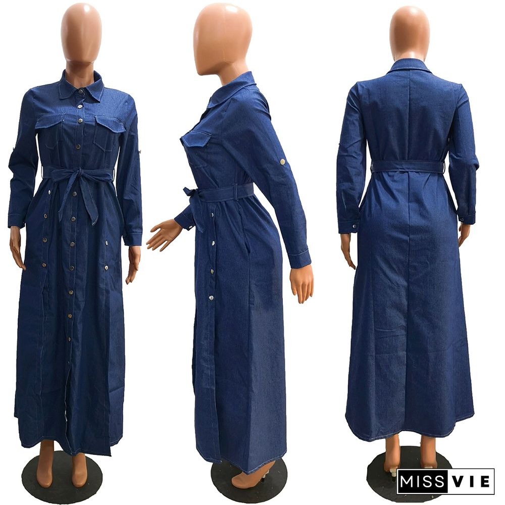 Lapel Adjustable Sleeve Denim Maxi Dress with Belt