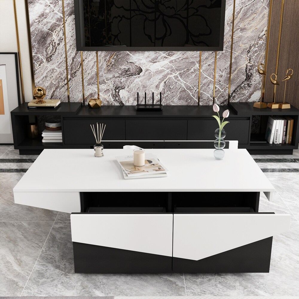 47 Inch Black   White Modern Coffee Table with 4 Large Storage Drawers   47.2\