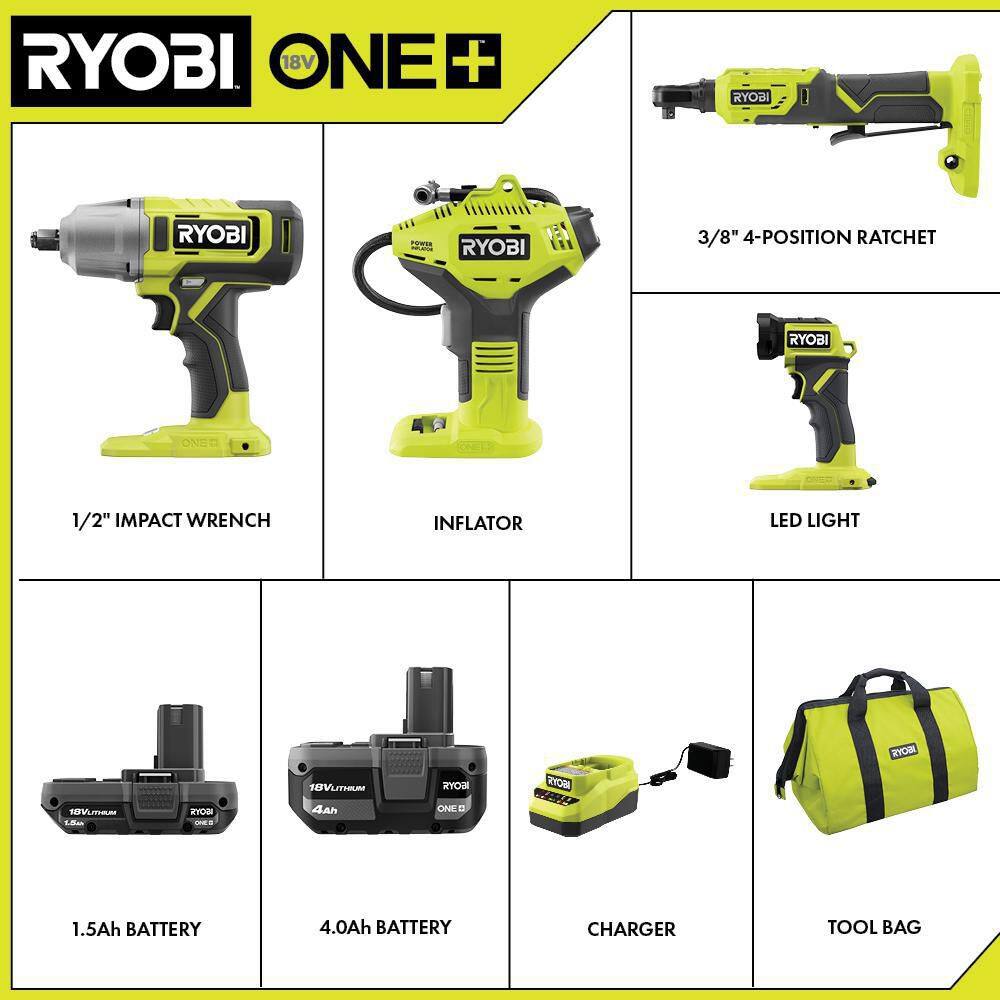 RYOBI ONE+ 18V Cordless 4-Tool Combo Kit with 4.0 Ah Battery 1.5 Ah Battery Charger and Bag PCL1402K2N