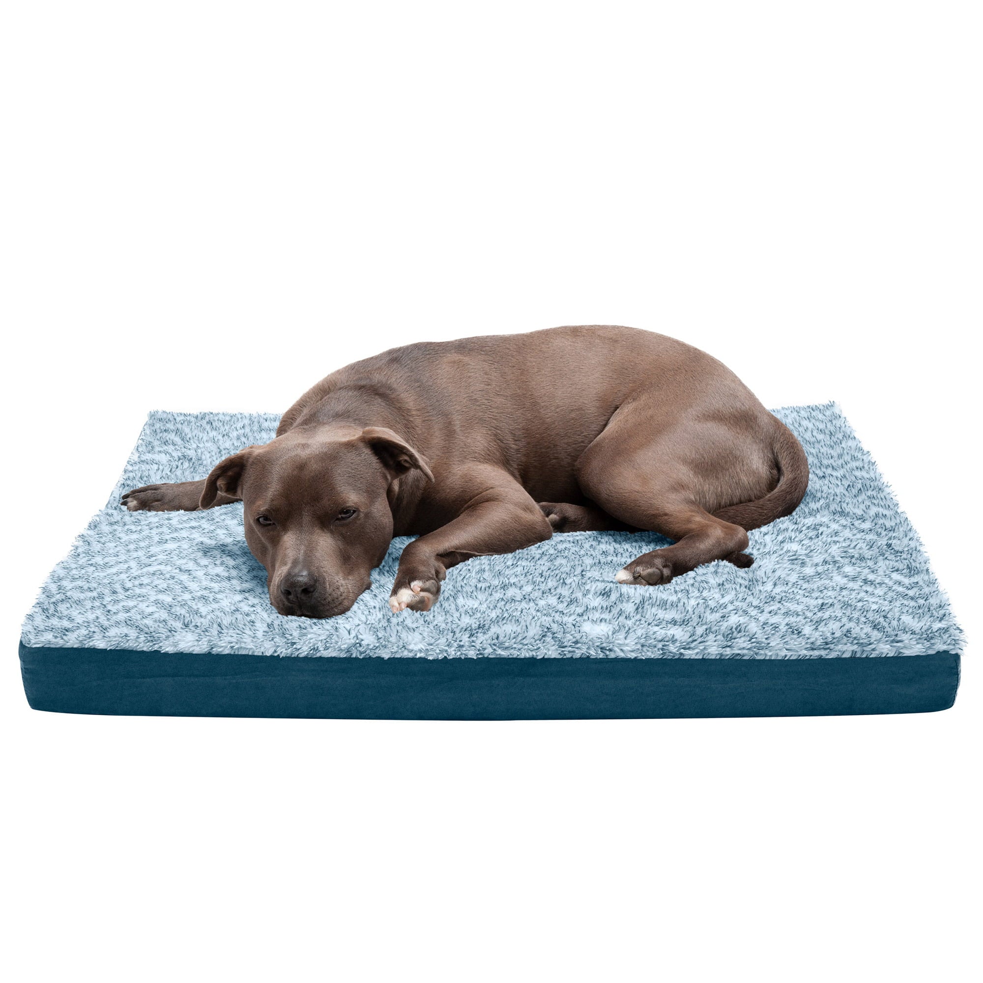 FurHaven | Deluxe Two-Tone Faux Fur and Suede Orthopedic Pet Bed for Dogs and Cats， Marine Blue， Large