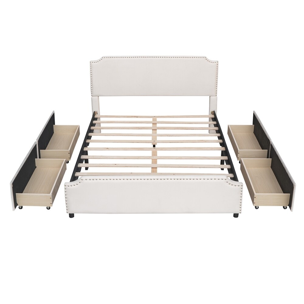 Velvet Queen Bed with 4 Drawers  Deluxe Upholstered Platform Bed w/Stud Trim Headboard   Footboard  No Box Spring Needed  Beige