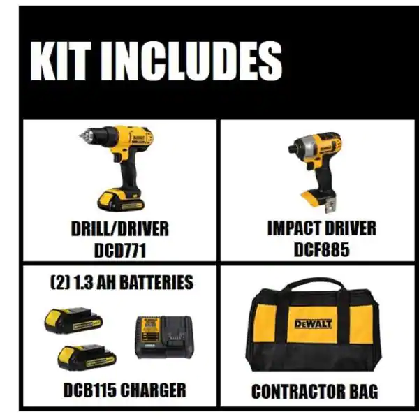 DEWALT DCK240C2 20-Volt MAX Cordless Drill/Impact Combo Kit (2-Tool) with (2) 20-Volt 1.3Ah Batteries， Charger and Bag