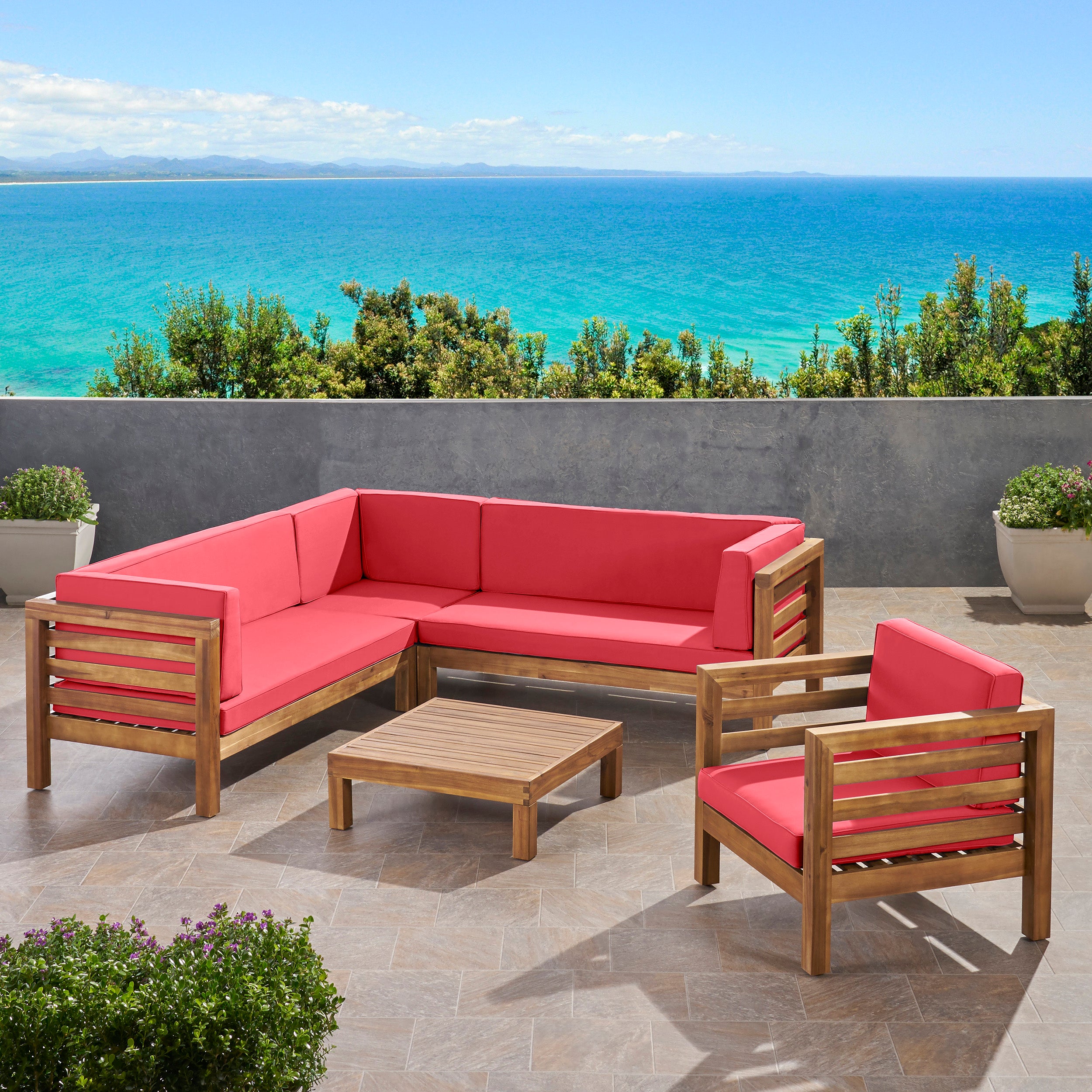 Emma Outdoor 6 Seater Acacia Wood Sectional Sofa and Club Chair Set