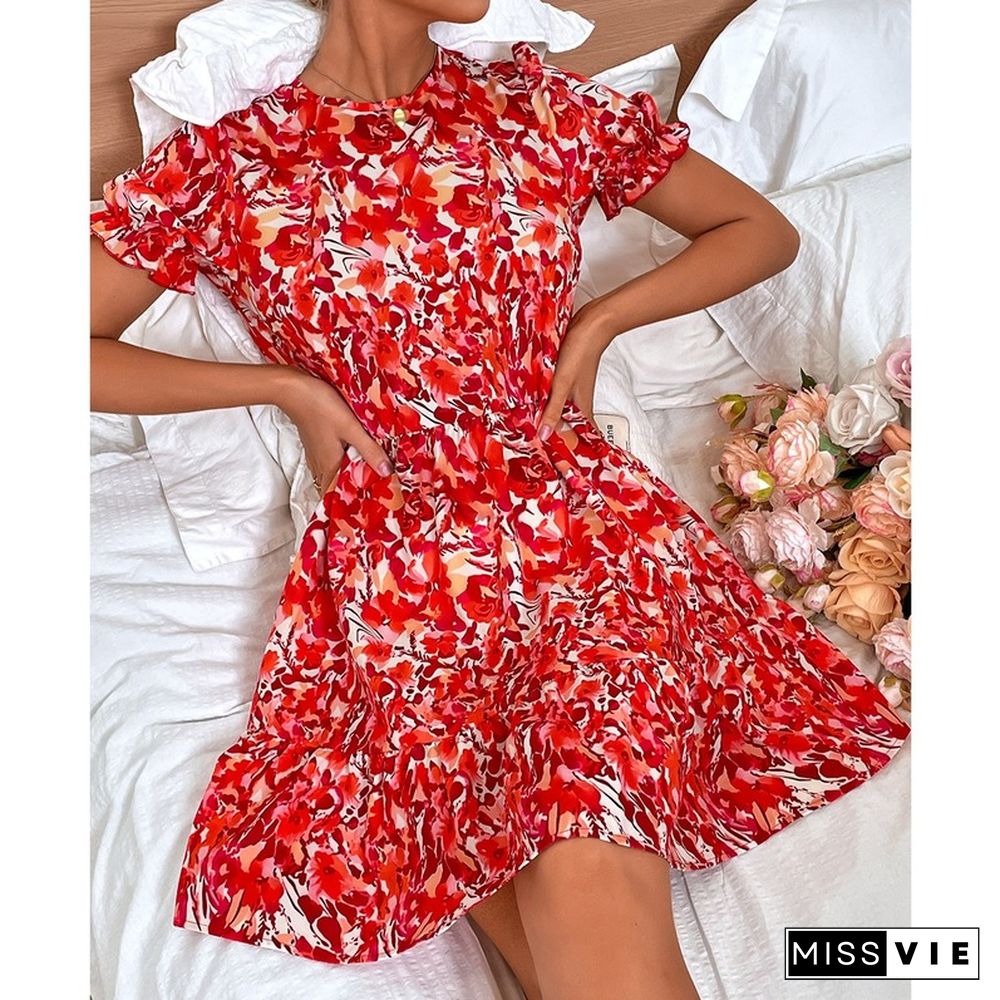 Elegant Floral Print Dresses Women Summer Dresses New Casual O-neck Short Puff Sleeves High Waist Mini A-line Dress