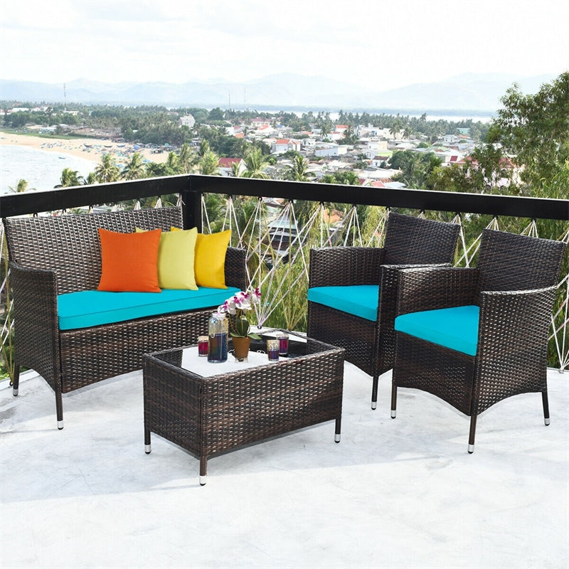 4 Pcs Rattan Wicker Patio Conversation Sets with Loveseat, Single Sofas, Coffe Table, Outdoor Bistro Set