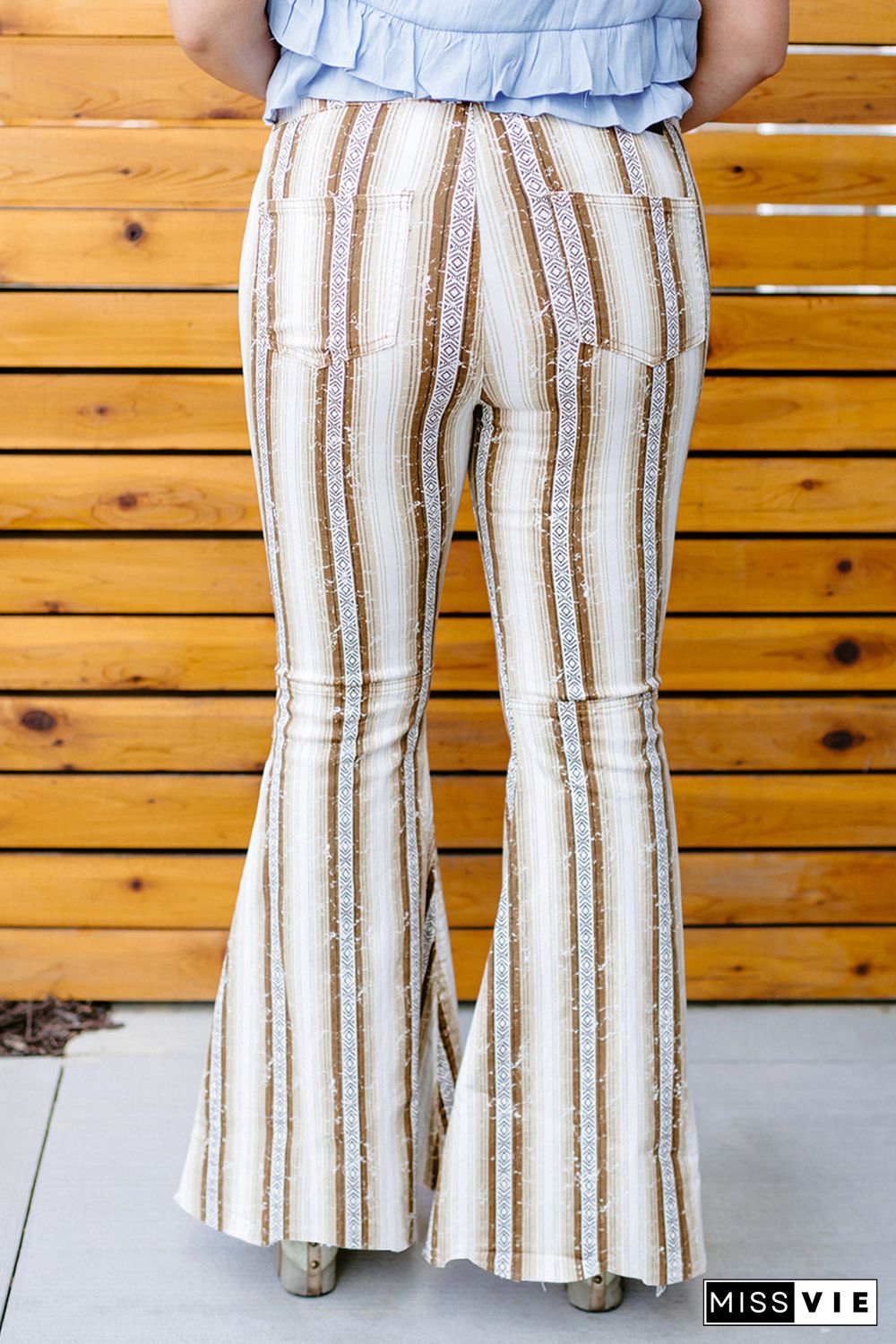 Plus Size Stripe Print High Waist Bell Bottom Pants