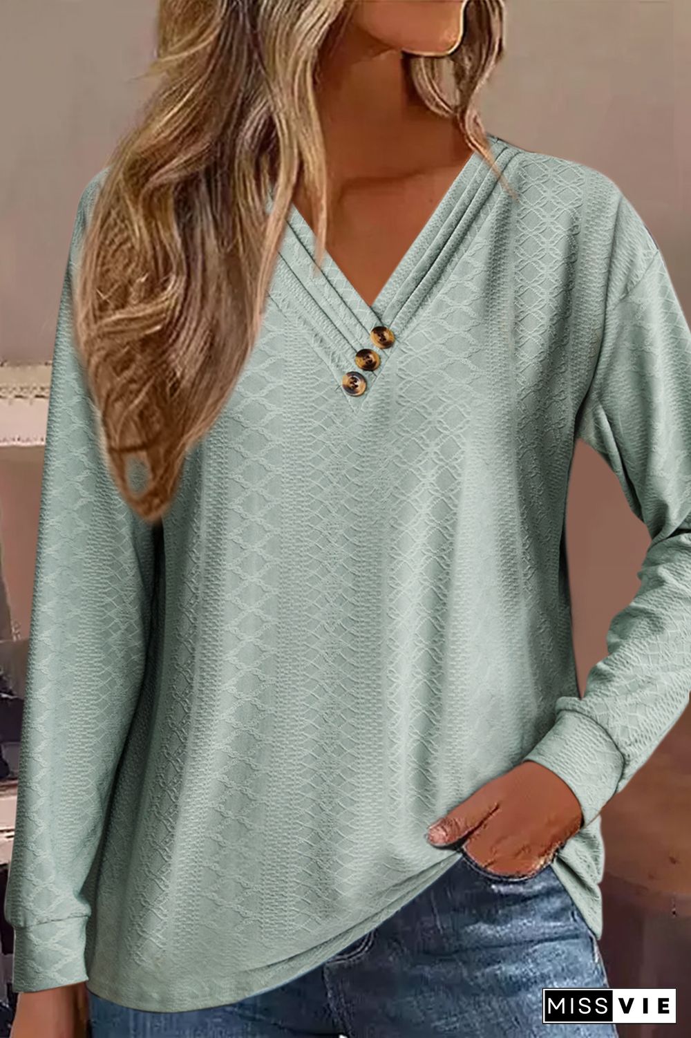 Jacquard Button Front V Neck Blouse