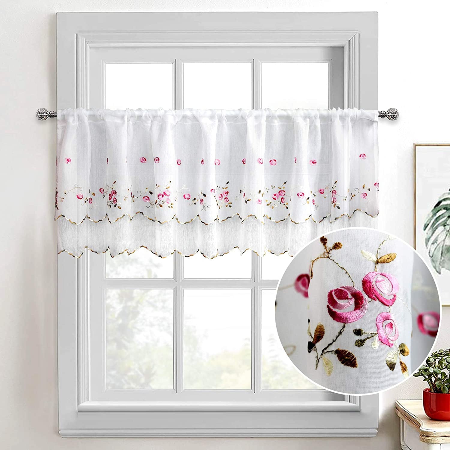 ZHH Hand Embroidery Rose Two-Layer Valance Floral Sheer Lace Curtain Cafe Kitchen 15 x 57