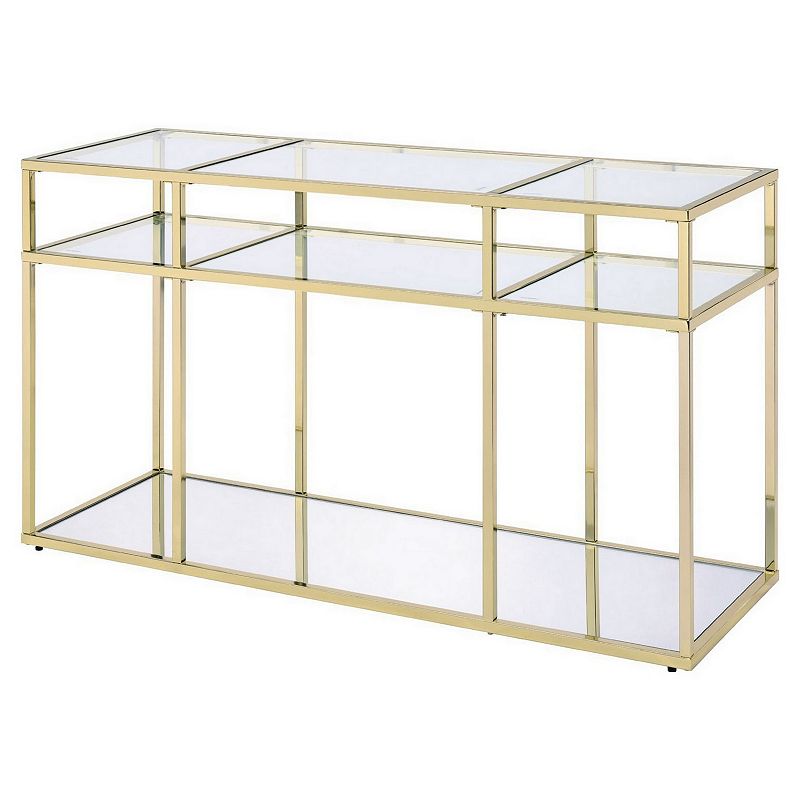 3 Tier Sofa Table with Glass Shelves and Metal Frame， Gold