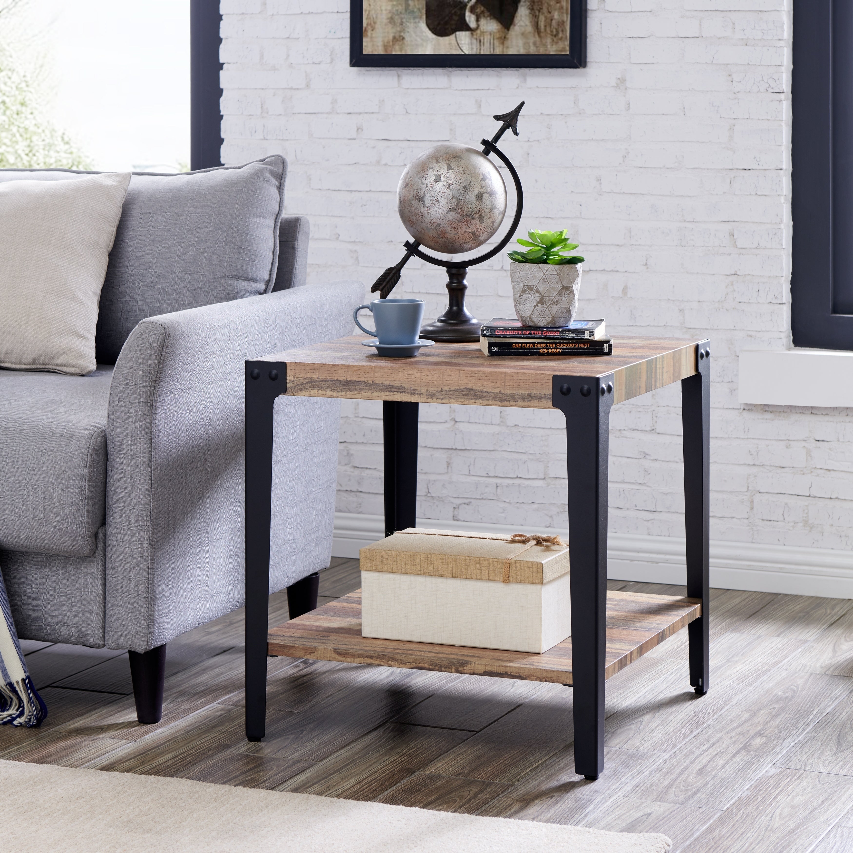 Danya B. Industrial End/Side Table in Distressed Wood Finish and Metal - 21.63 x 21.63 x 22.13