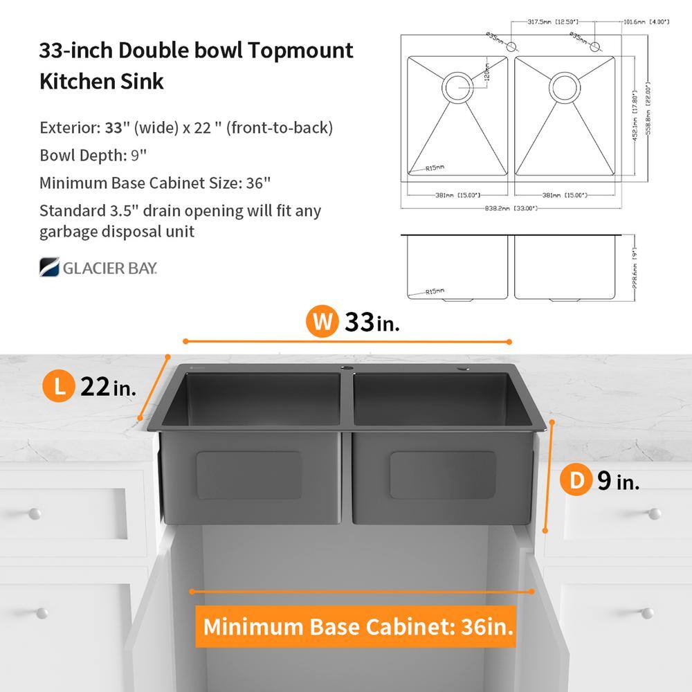 Glacier Bay Gunmetal Black Stainless Steel 33 in. 18 Gauge Double Bowl Dual Mount Kitchen Sink with Black Spring Neck Faucet ACS3322A2T-F