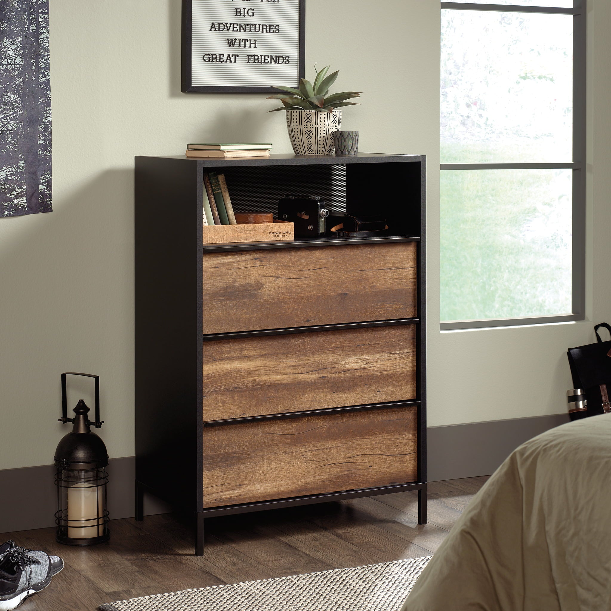 Sauder Boulevard Cafe 3-Drawer Dresser with Open Shelf, Black with Vintage Oak Finish