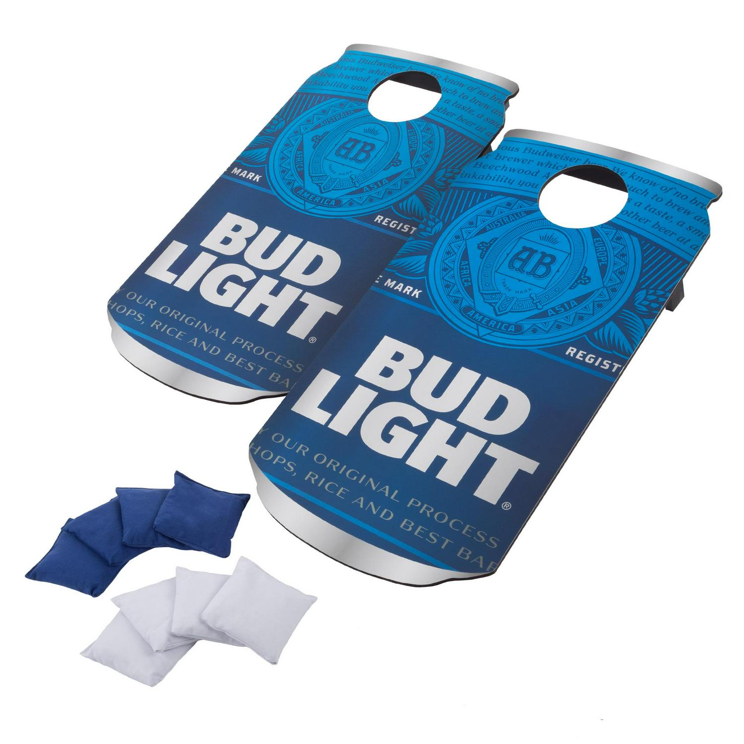 Bud Light Cornhole Outdoor Game Set， 2 Wooden Anheuser-Busch Can-Shaped Corn Hole Toss Boards with 8 Bean Bags