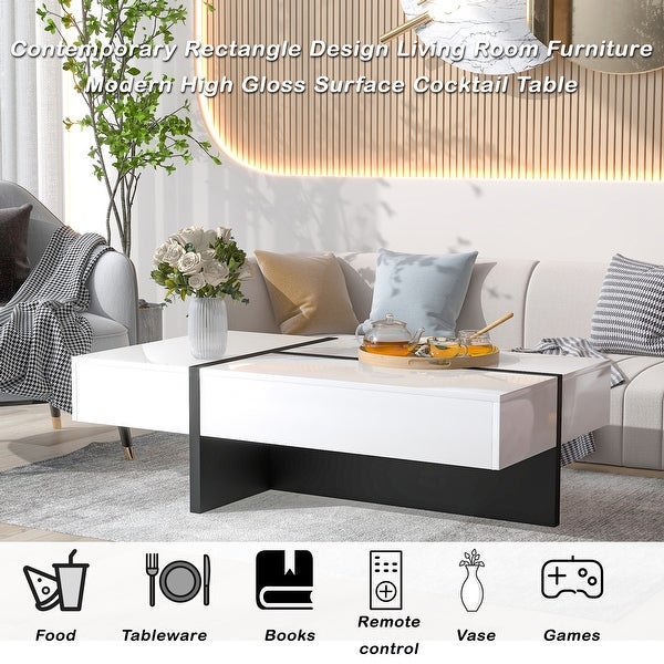 Rectangle Design Living Room Furniture， Modern High Gloss Surface Cocktail Table， Center Table for Sofa or Upholstered Chairs