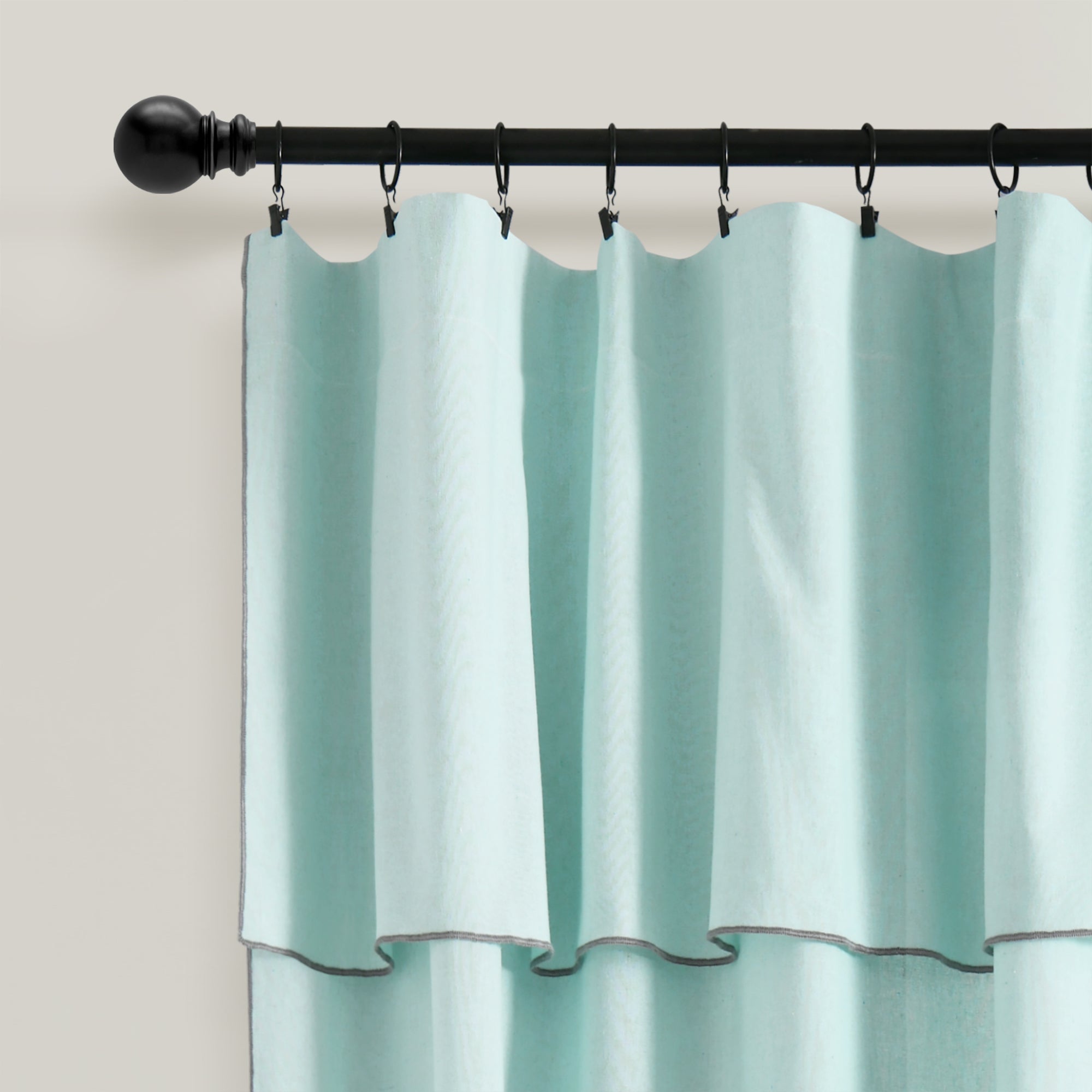 Modern Faux Linen Embroidered Edge With Attached Valance Window Curtain Panel Set