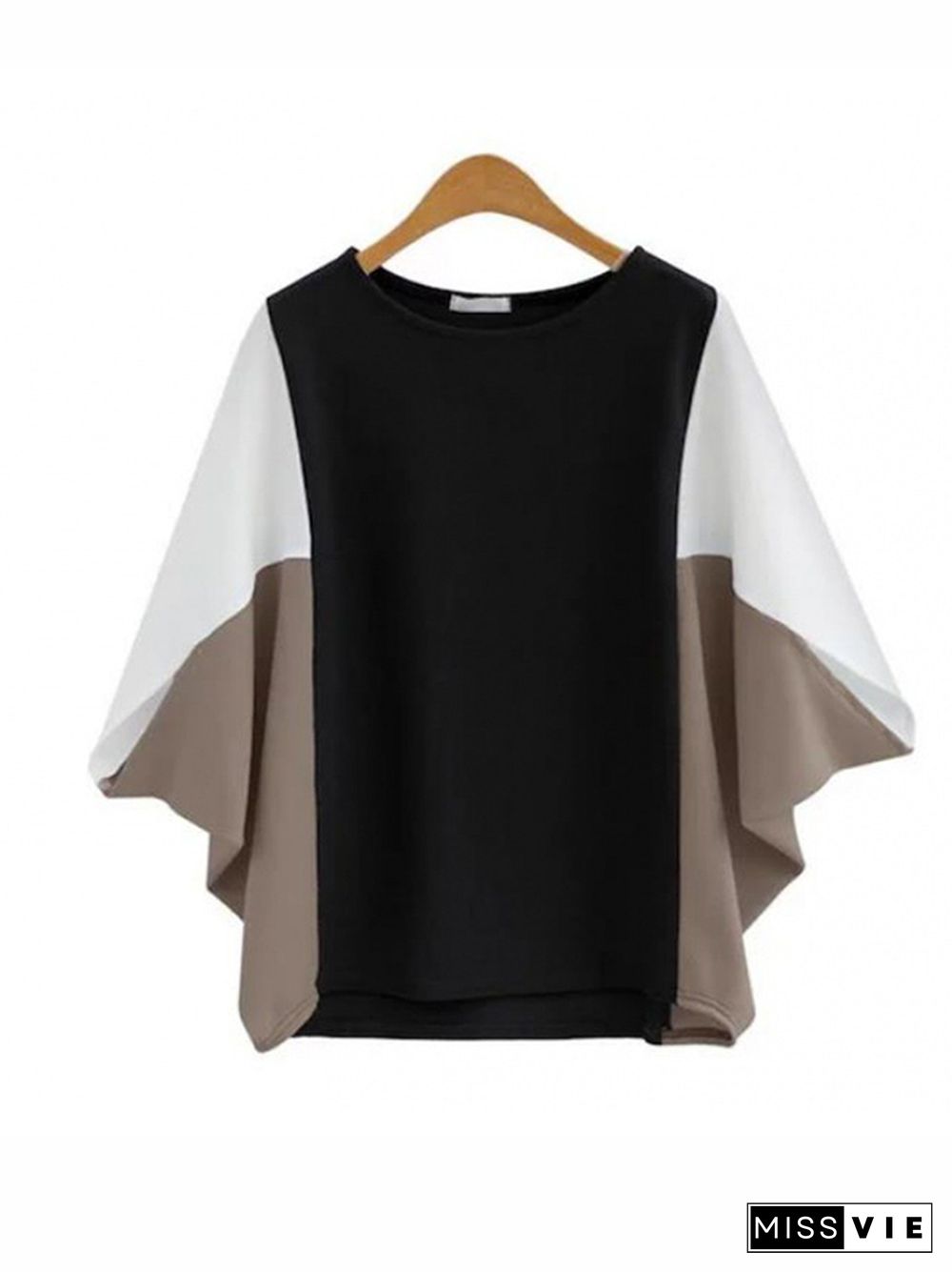 Batwing Sleeves Loose Contrast Color Split-Joint Round-Neck T-Shirts Tops