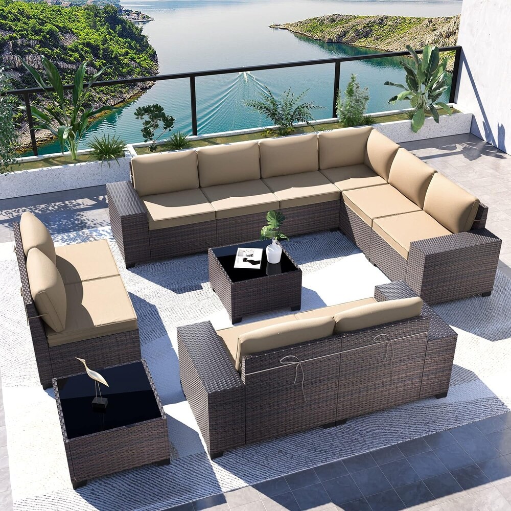 Kullavik 12 Pieces Outdoor Patio Furniture Set Sectional Rattan Sofa Set with Tempered Glass Table